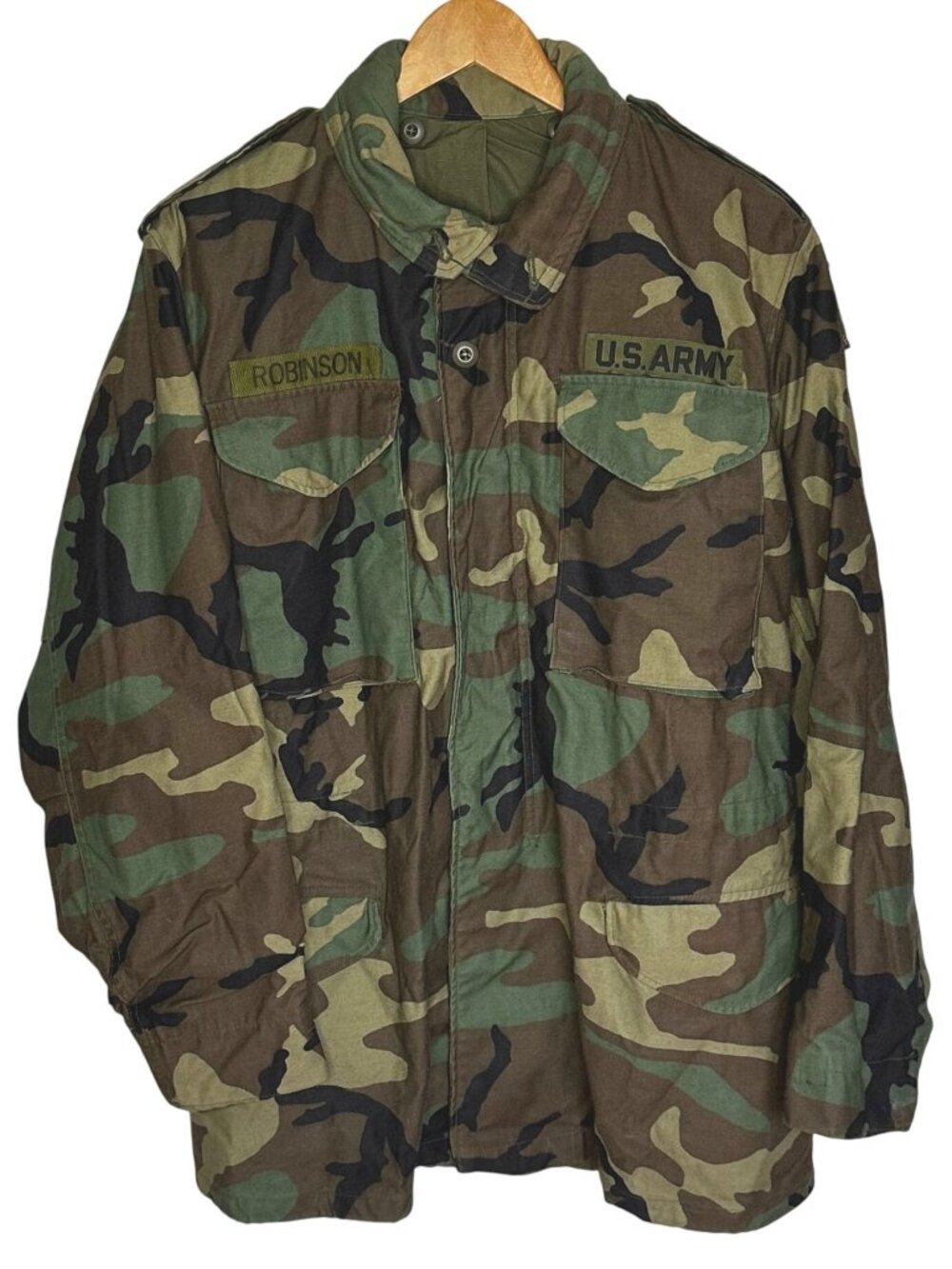 Vintage US Army M65 Field Jacket Woodland Camo Airborne 82nd Patch Small Long